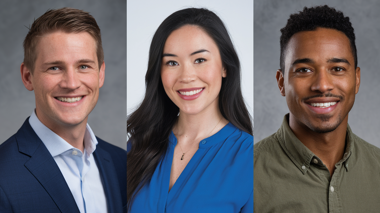 Three professionals in business attire showing different style options for headshots