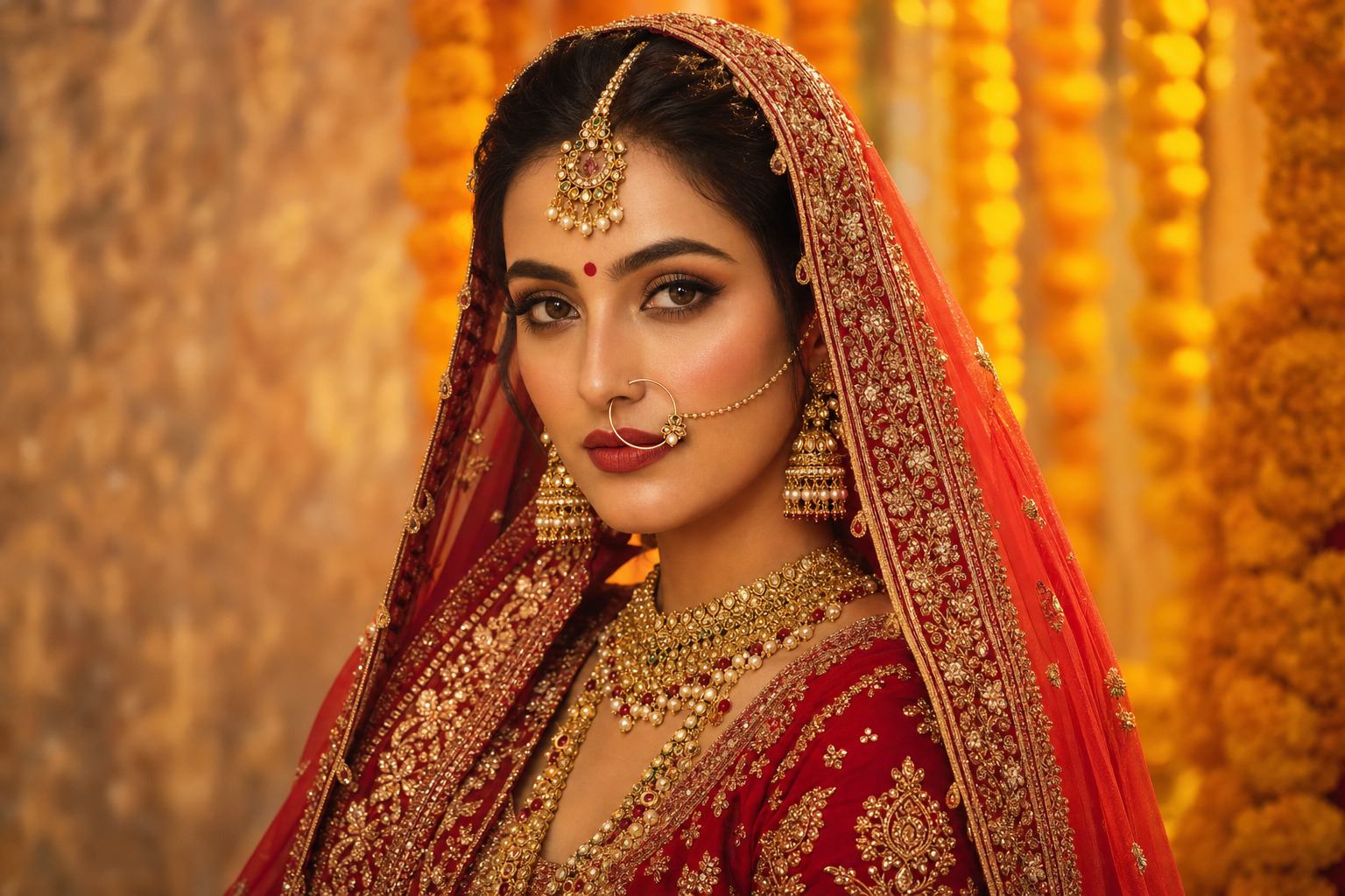Indian bride in a crimson lehenga with gold zardosi work