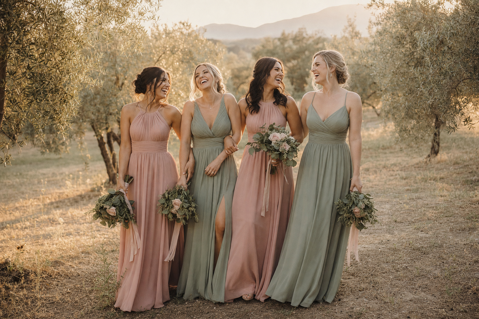 Bridal party of four in dusty-rose and sage gowns at golden hour