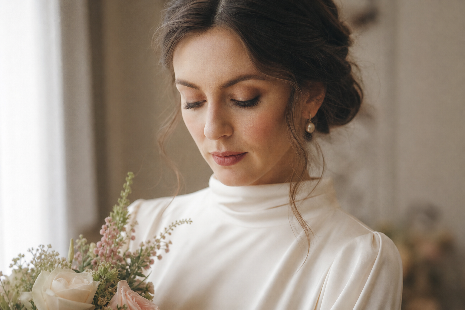 Close-up editorial portrait of a bride in soft window light
