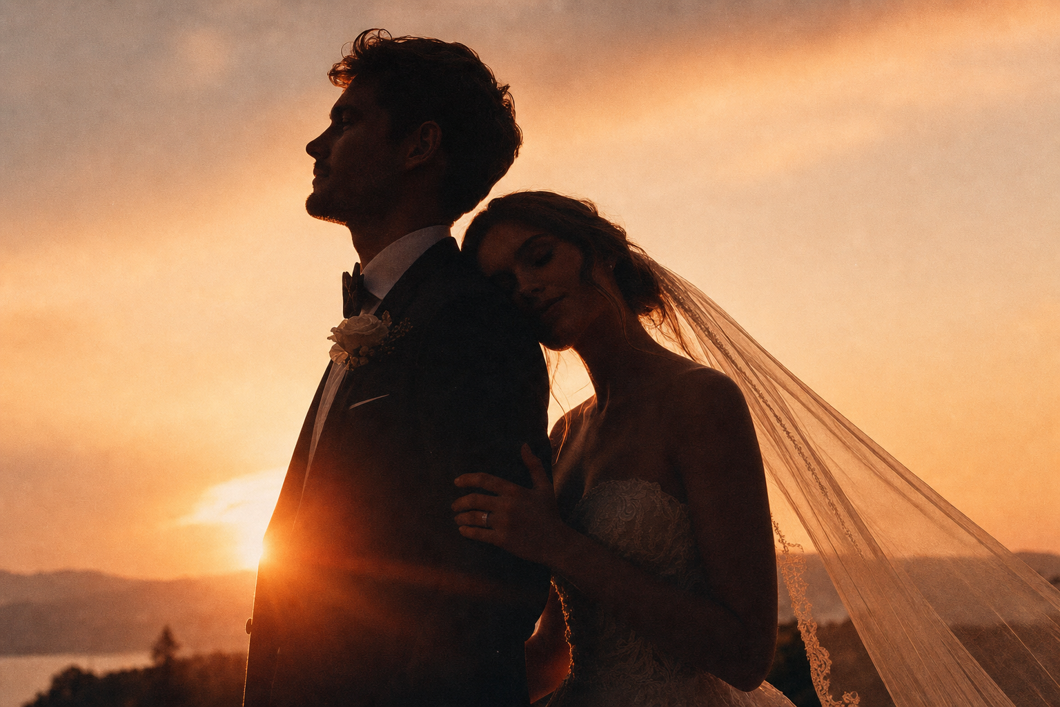 Bride and groom in soft silhouette against a copper sunset sky