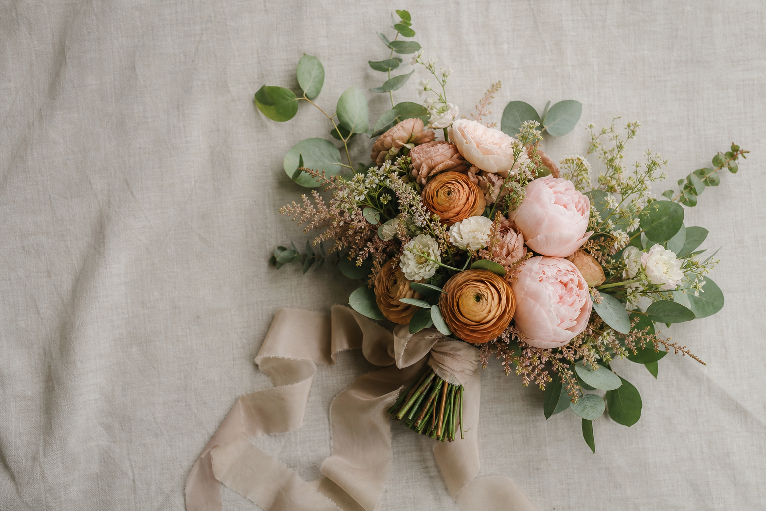 Sage and blush wedding bouquet still life